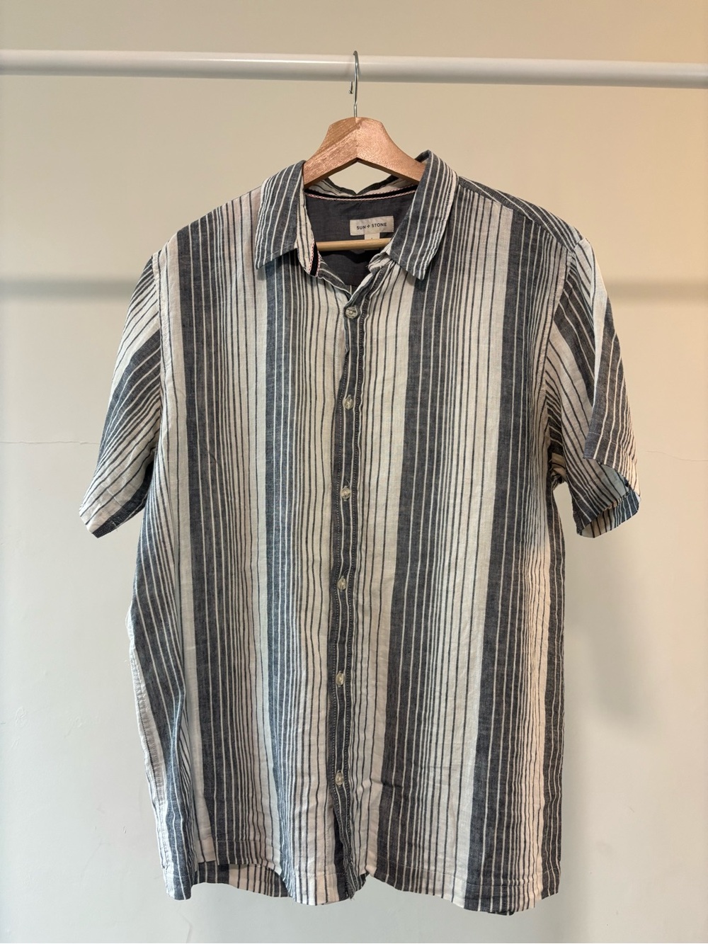 Sun + Stone Short-Sleeve Vertical Stripe Button-Down Shirt - Black & White - Picture 3 of 9